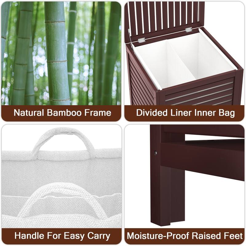 Bamboo 2-Section Laundry Hamper, 120L Large Laundry Basket with Lid and Removable Liner Bag