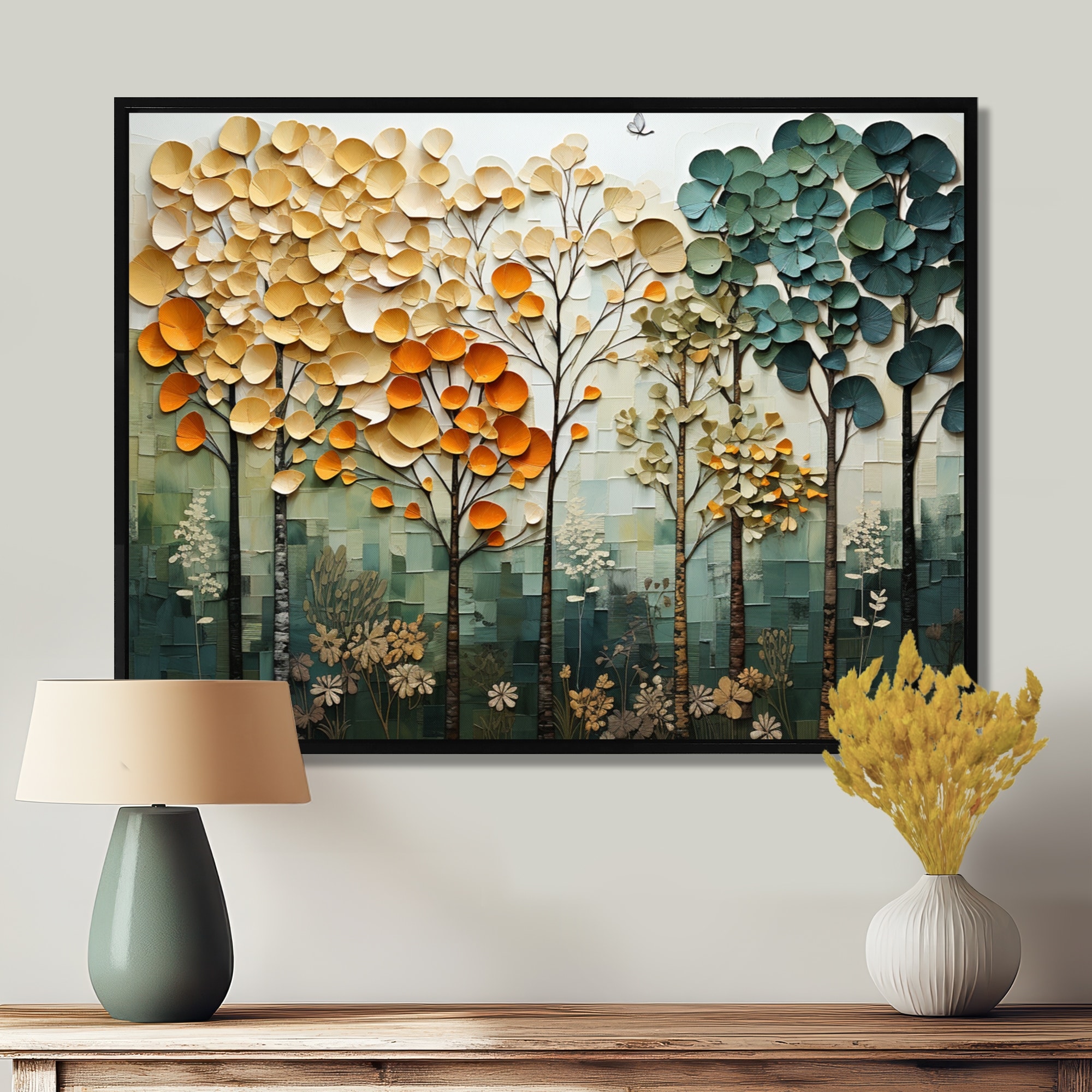 Designart "Orange Green Trees Canopy Patchwork I" Landscape Trees Framed Wall Art Print For Living Room