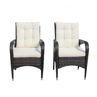 2-Piece Wicker Outdoor Dining Chairs with Beige Cushions