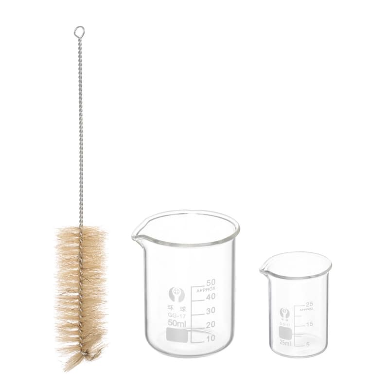 25ml 50ml Low Form Glass Beaker with Brush, 3.3 Glass Graduated Measuring Cups - Transparent