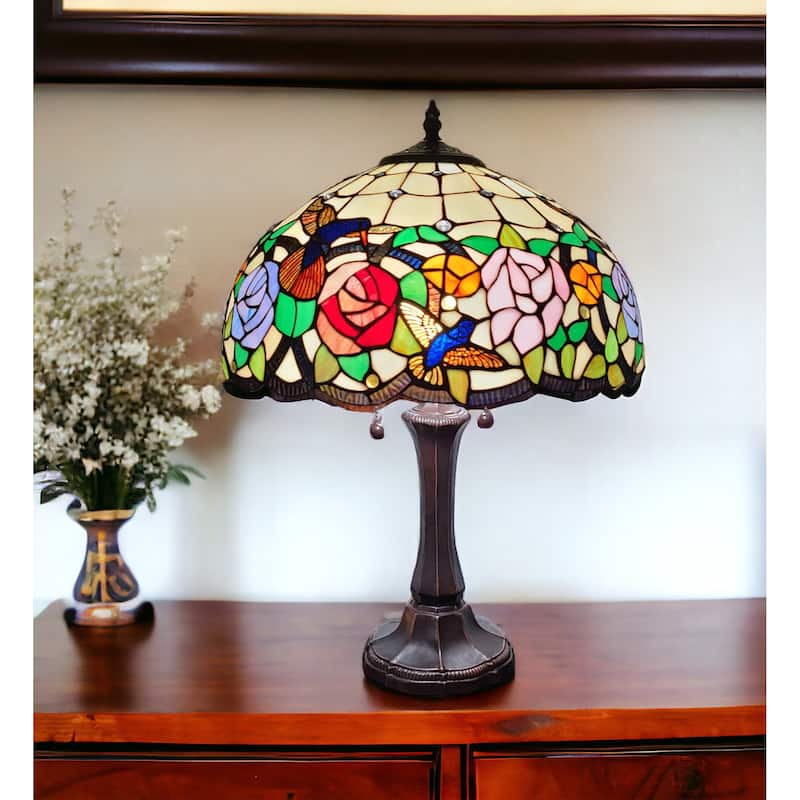HomeRoots 23" Stained Glass Two Light Hummingbird Accent Table Lamp - 21 x 23 x 12