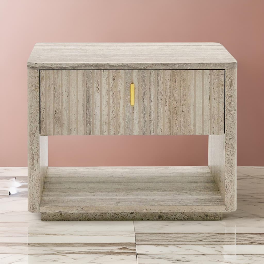 Fly 32 Inch Nightstand, 1 Drawer, 1 Sleek Gold Handle, Travertine Gray