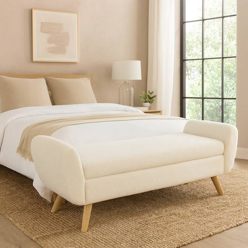 Rae Storage Bench Ottoman with Arms, Cream Sherpa, Brown, 60 Inch