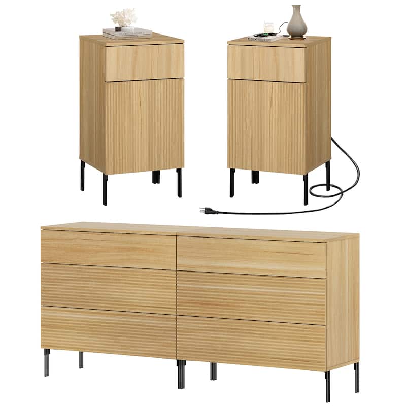 4 Pcs Bedroom Set，Reeded 6 Drawer Dresser and Nightstand Sets for Bedroom, Night Stand Set of 2 - Oak
