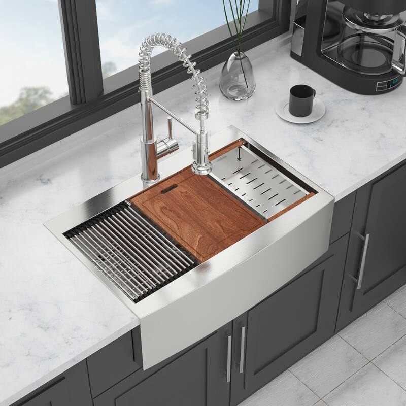 Farmhouse 16 Gauge Single Bowl Stainless Steel Kitchen Sink in Brushed Nickel
