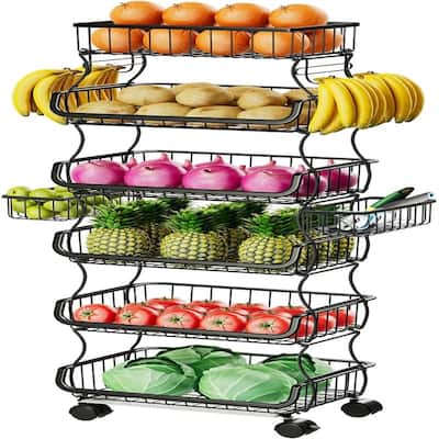 6 Tier Rolling Cart Stackable Fruit Vegetable Basket with Wheels and 2 Hanging Basket - 11.75"D x 15.75"W x 51"H