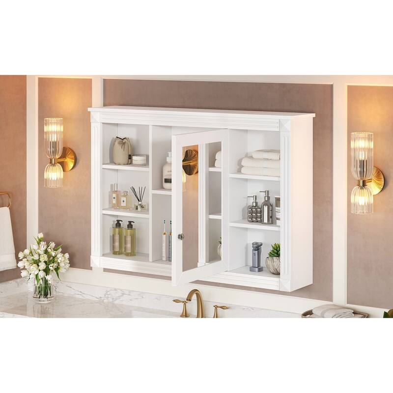 42"Wall Mounted Bathroom Storage Cabinet, Modern Wall Cabinet with Mirror, Mirror Cabinet with 6 Open Shelves