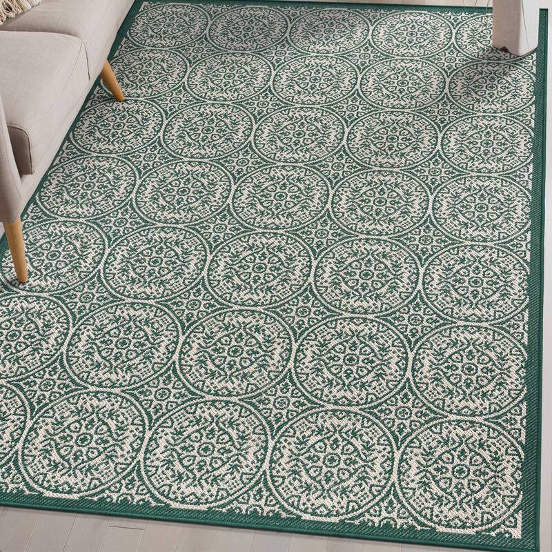 World Rug Gallery Transitional Floral Circles Textured Flat Weave Indoor/Outdoor Area Rug