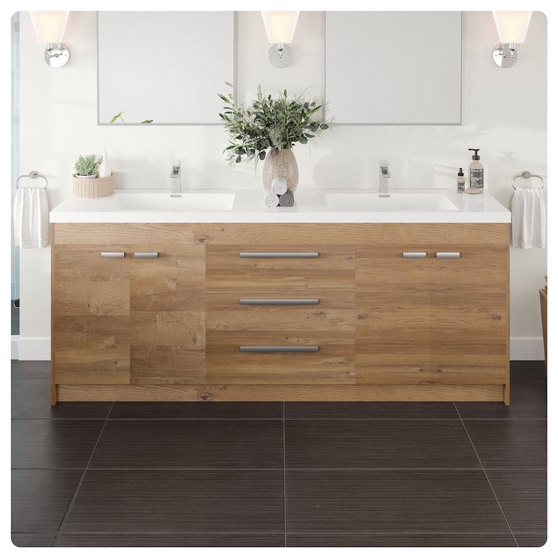 Lugano 84 in. Natural Oak DS Bath Vanity with Acrylic Top & Integrated Sinks