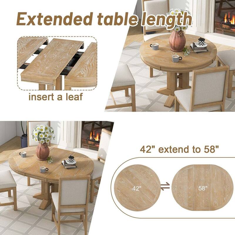 Wooden Round Drop Leaf Extendable Dining Table Set with 4 Upholstered Chairs