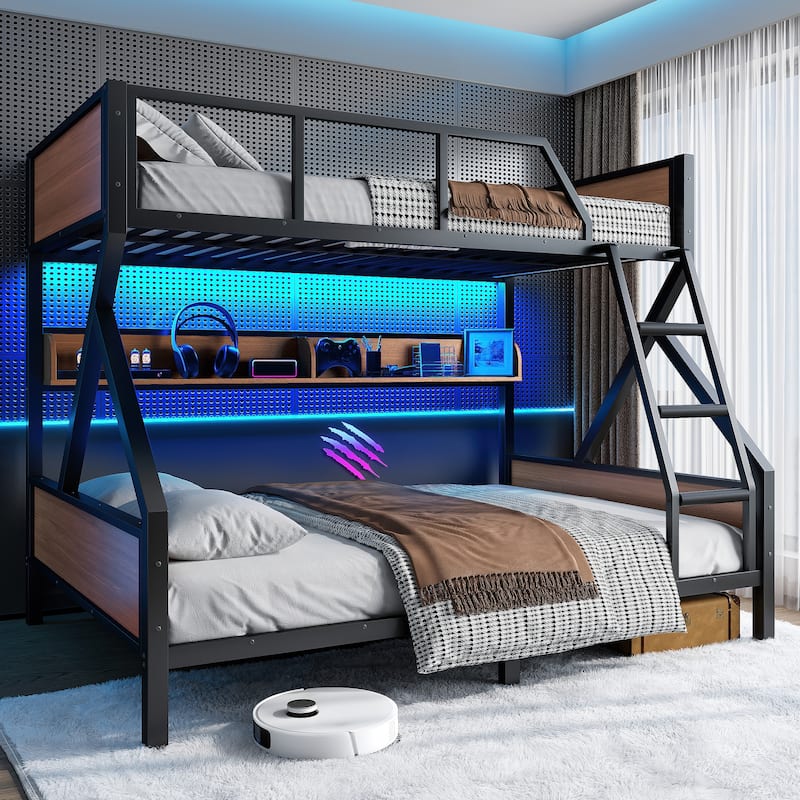 Full XL/Queen or Full+Storage Board/Queen Bunk Bed, Metal Bunk Bed with Storage Shelves and Lights - Black