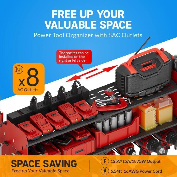 Power Tool Organizer with Charging Station Garage 8 Drill Holders Wall Mount with 8 Outlets Power Strip