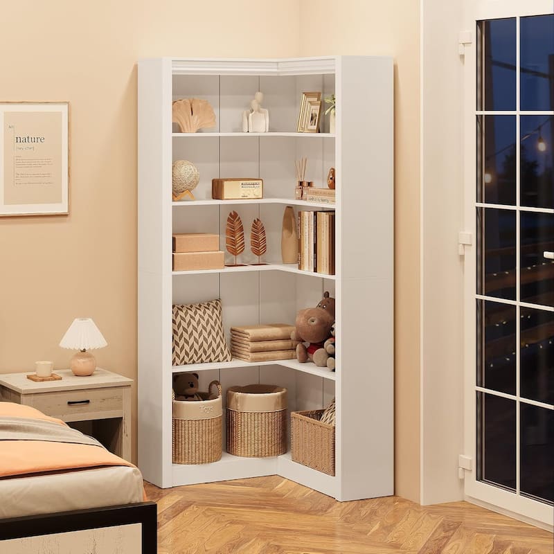 Industrial L Shaped Corner Bookshelf with Open Shelves - N/A