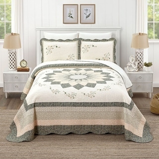 Harper Green Floral Embroidered Pieced Bedspread (shams sold separately)