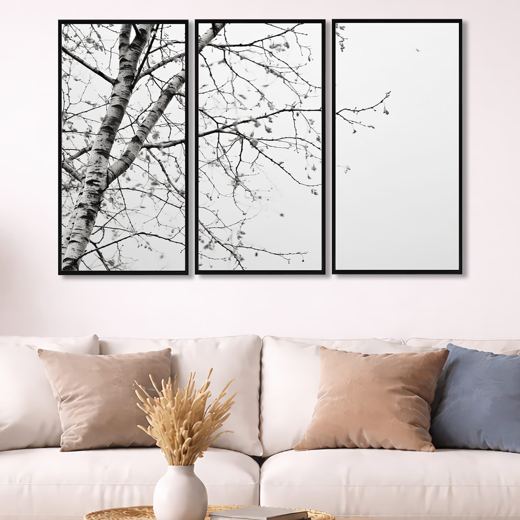Designart "Grey Minimalism Tree Birch" Tree Birch Framed Art Set of 3 Traditional Wall Art Set White Wall Decor 3 Pieces
