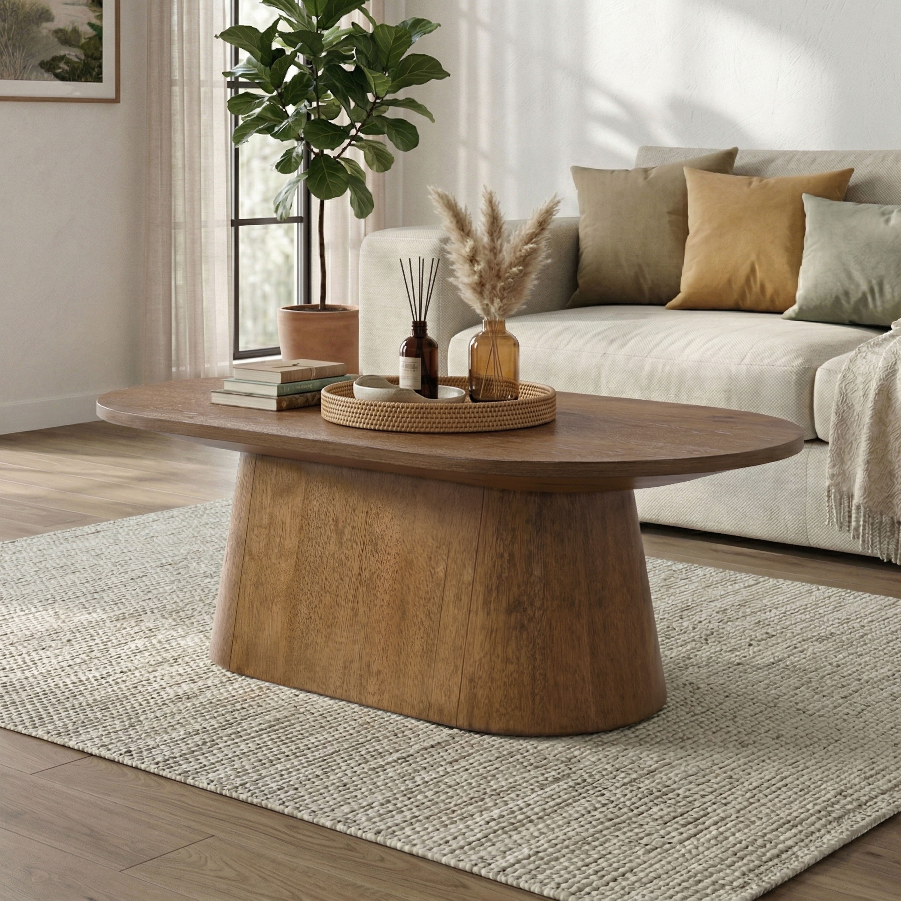 Furniture of America Vitten Modern Solid Wood Cone-Shaped Pedestal Base Oval Cocktail Table