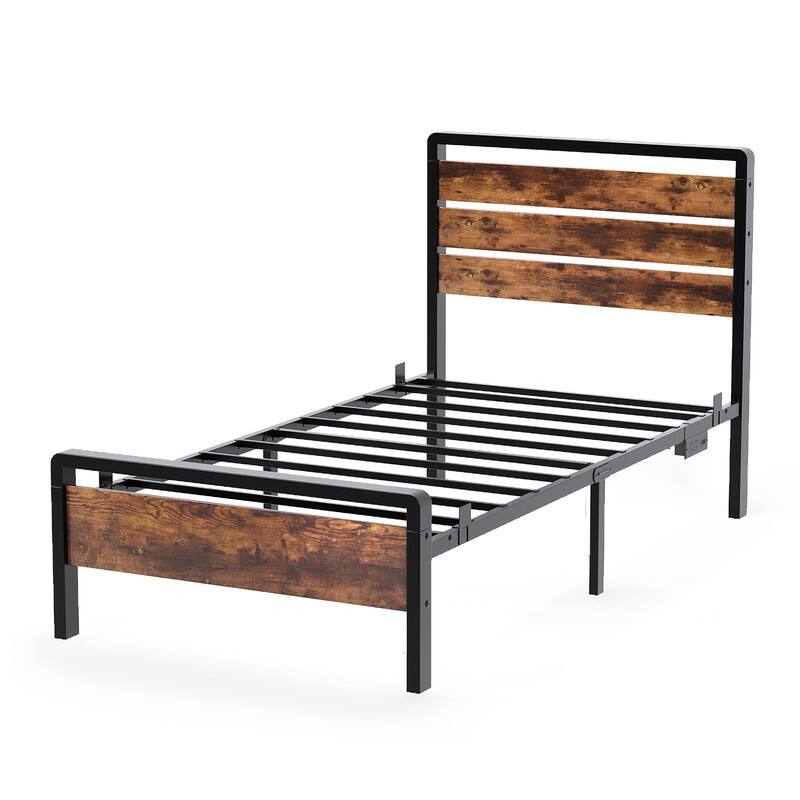 Bed Frame with LED Light and Charging Station, Metal Platform Bed with Wood Headboard