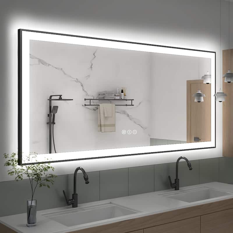 Full Size Back & Front LED Lighted Anti-Fog Tempered Glass Framed Wall Bathroom Vanity Mirror - 72" x 36"