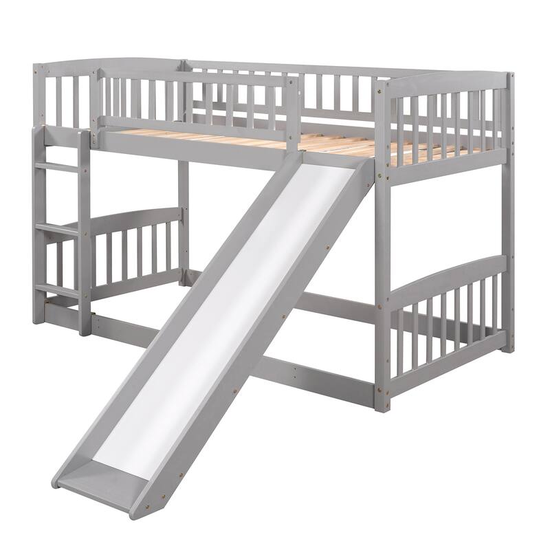 Twin-Over-Twin Low Bunk Bed with Built-in Ladder, Slide & Guardrail