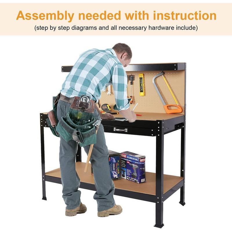 Steel Tool Storage Workbench, Hardwood Tools Table Workstation with Drawer, Peg Board for Workshop, Home - Black-45.3"