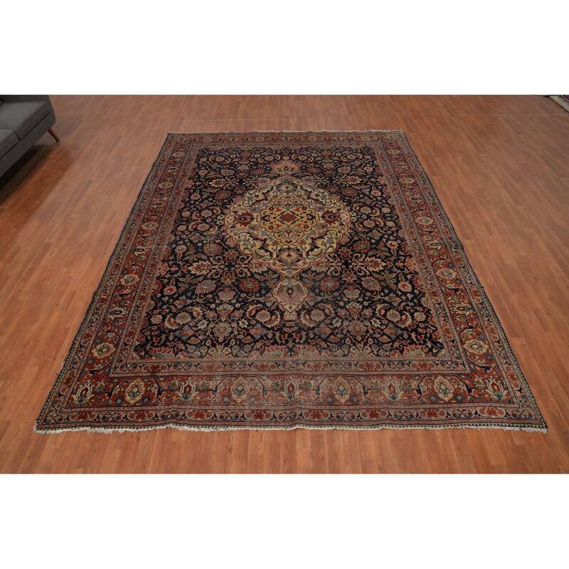 Hand Knotted Oriental 100% Wool Carpet Traditional Floral Navy Blue & Blues Tabriz Area Rug - 11' 10'' X 9' 4''