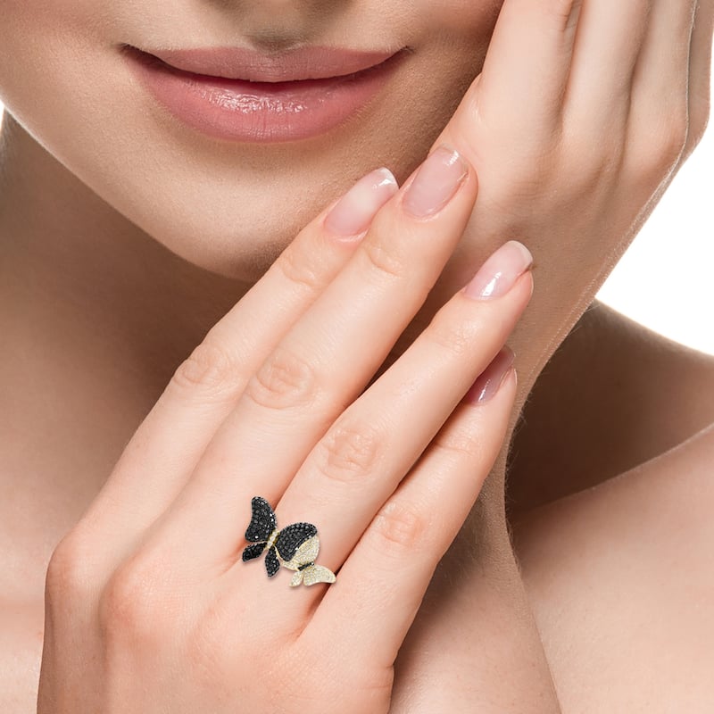 Effy Women's 14K Yellow Gold Diamond,Black Diamond Butterfly Ring