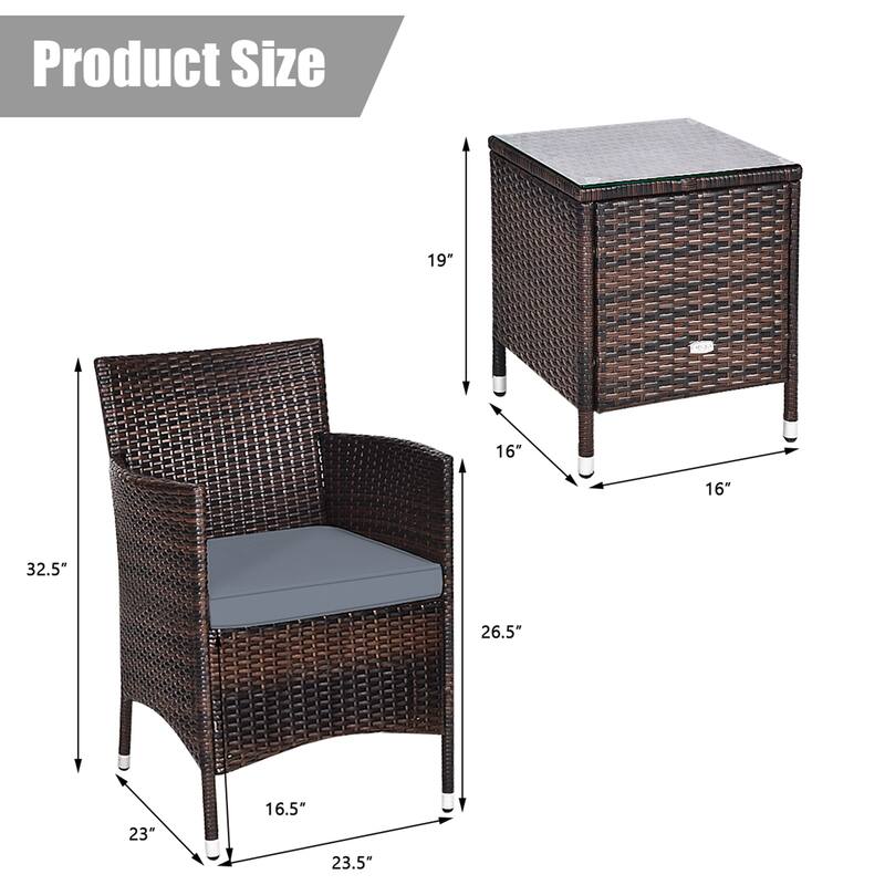 Gymax 3PCS Patio Rattan Furniture Set Outdoor w/ Cushioned Chairs - See Details
