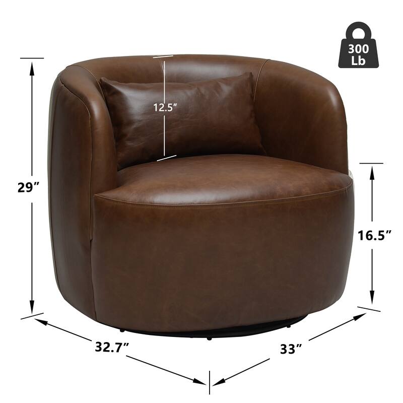 KINWELL 100% Top Grain Genuine Leather Swivel Armchair with Pillow