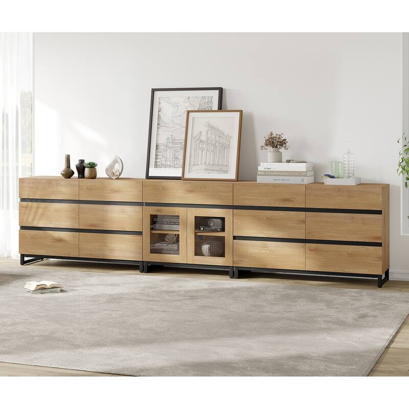 WAMPAT 3 in 1 Modern Dresser with Glass Doors and 3 Drawers, Chest of Drawers for Bedroom - Oak - 3-drawer