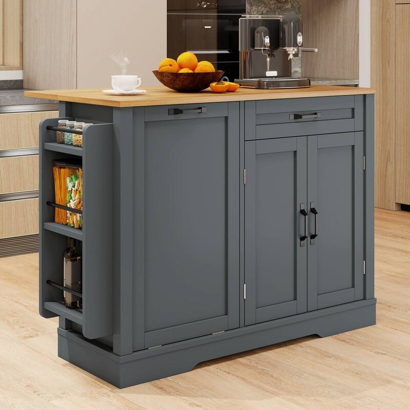 Moasis 50 Inch Drop Leaf Rolling Kitchen Island With Trash Can Storage Cabinet And Drawer - Grey