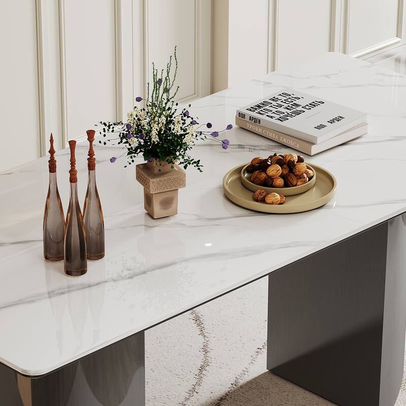 0.47" Thick Sintered Stone Composite Tempered Glass Top Dining Table with Stainless Steel Base