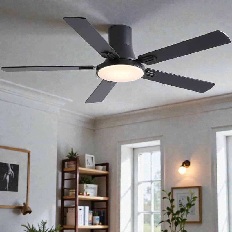 52 Inch Modern Minimalist Flush Mount Ceiling Fan with Light, Reversible DC Motor, Remote, Double-Sided Blades