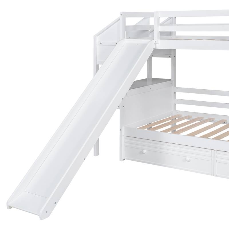 Twin Over Twin Bunk Bed With Storage Staircase, Slide And Drawers, Desk With Drawers And Shelves