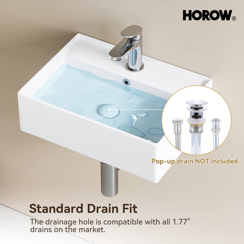 HOROW Rectangular Wall-Mount Install or On Countertop Bathroom Sink 17.72 in. with Single Faucet Hole in White