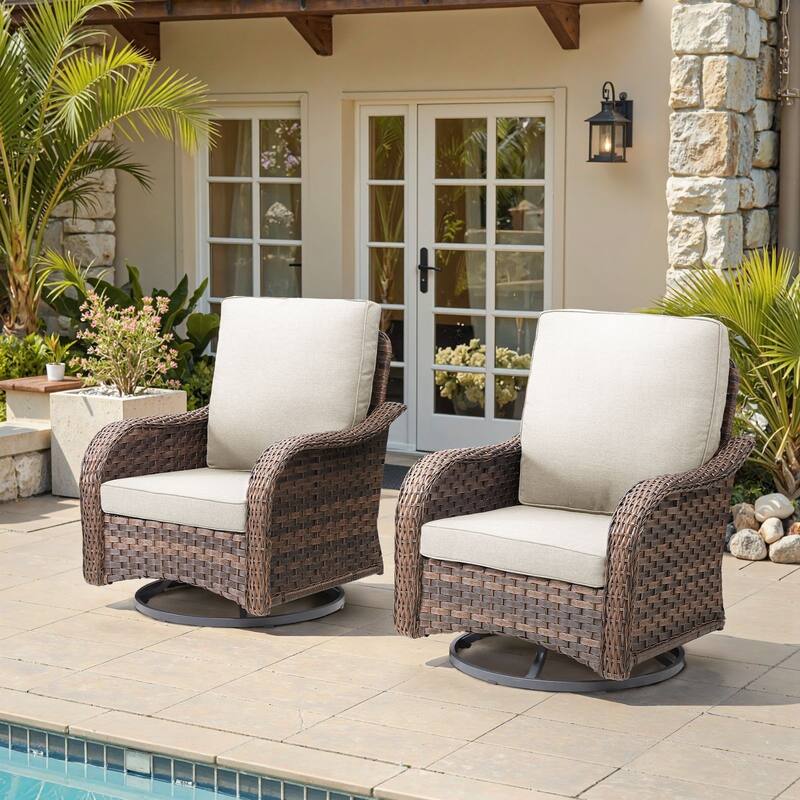Cavira Brown Wicker Outdoor Patio Swivel Glider Chairs with Olefin Cushions (2-Pack) - Beige Cushions - Brown Wicker
