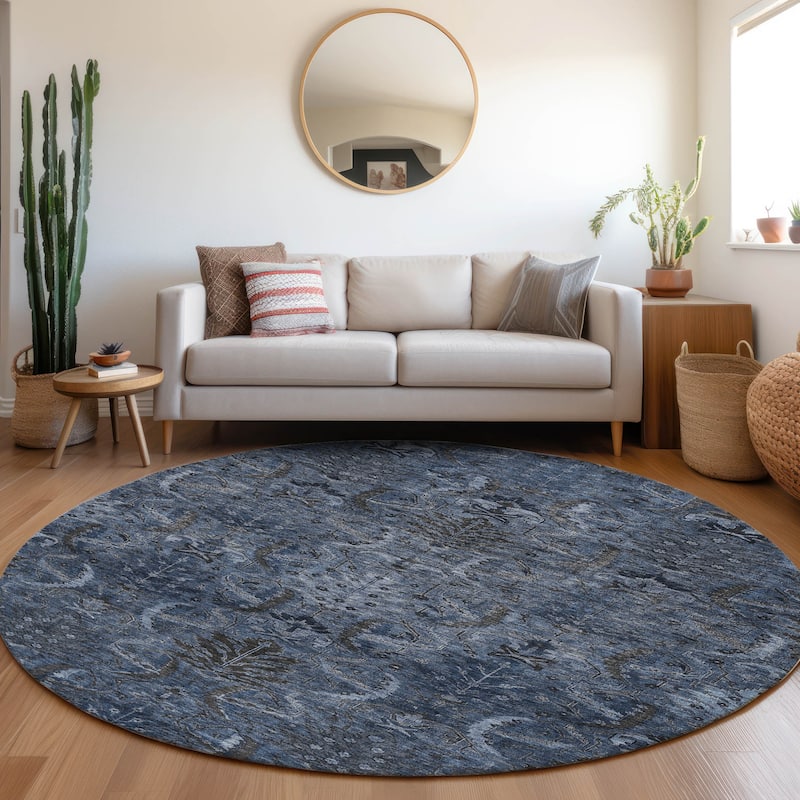 Machine Washable Indoor/ Outdoor Boho Traditional Chantille Rug - Navy - 8' x 8'