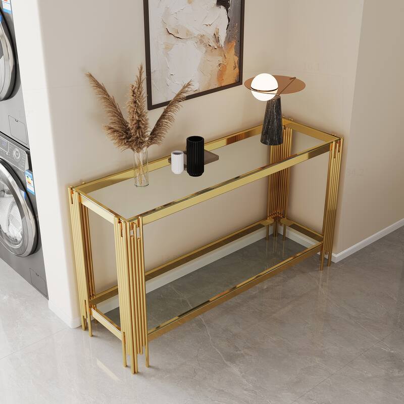 Sophisticated Double-Layer Tempered Glass Console Table - Gold