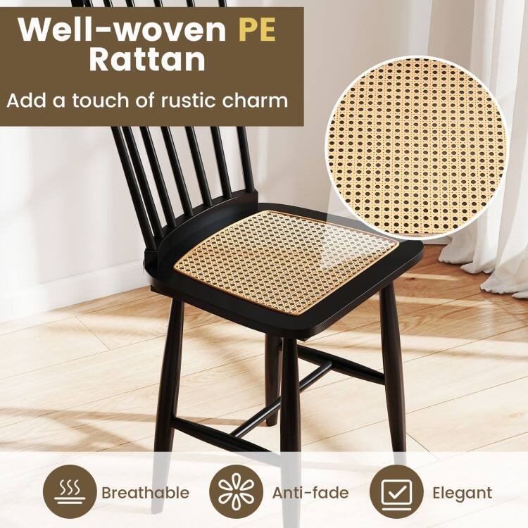Stylish Windsor Style Dining Chair Set with PE Rattan Seat Ergonomic Spindle Back and Rubber Wood Frame - 21.5" x 16" x 38"