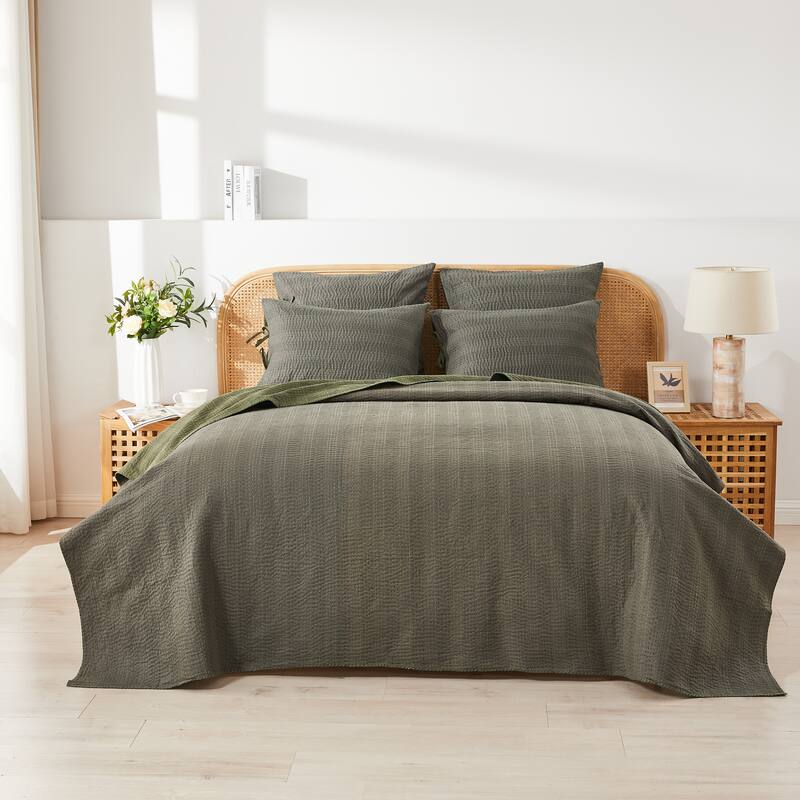 Melange Hand Stitched Kantha Reversible Green Coverlets and Shams