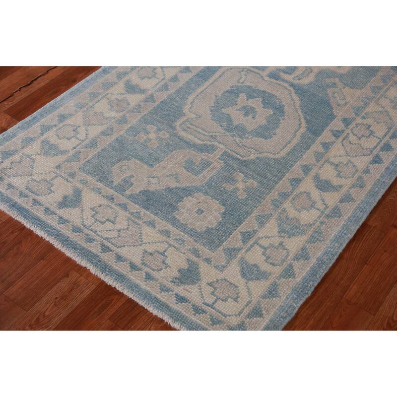 Hand Knotted Oriental 100% Wool Carpet Transitional Geometric Navy Blue & Blues Oushak Runner Rug - 18' 10'' X 3' 5''