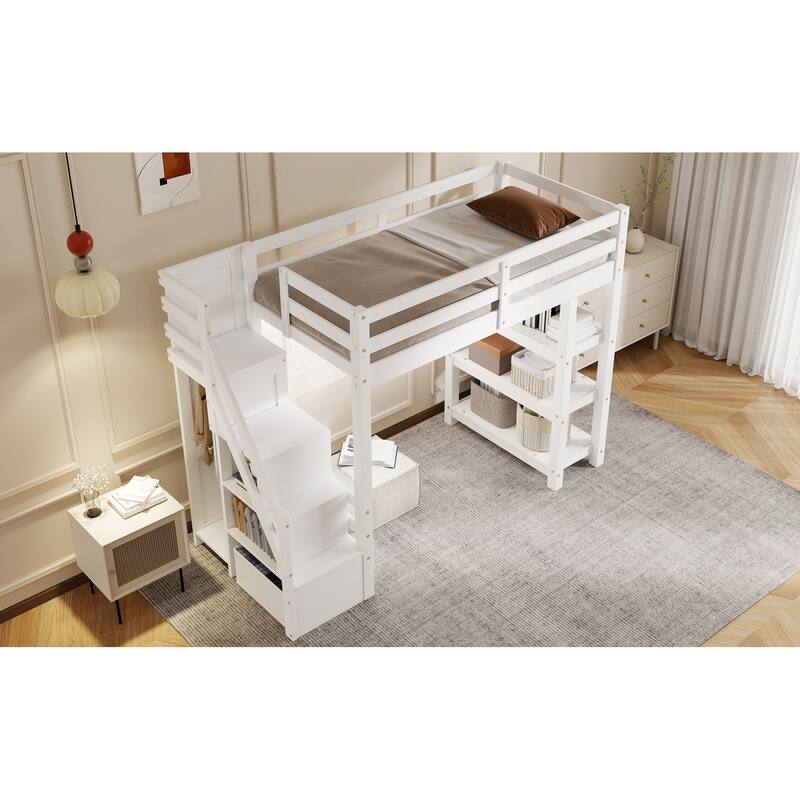 Wooden Loft Bed Frame with 4-tier Storage Shelf, Small Wardrobe, White LED Light and Storage Staircase, Space Saving Storage Bed