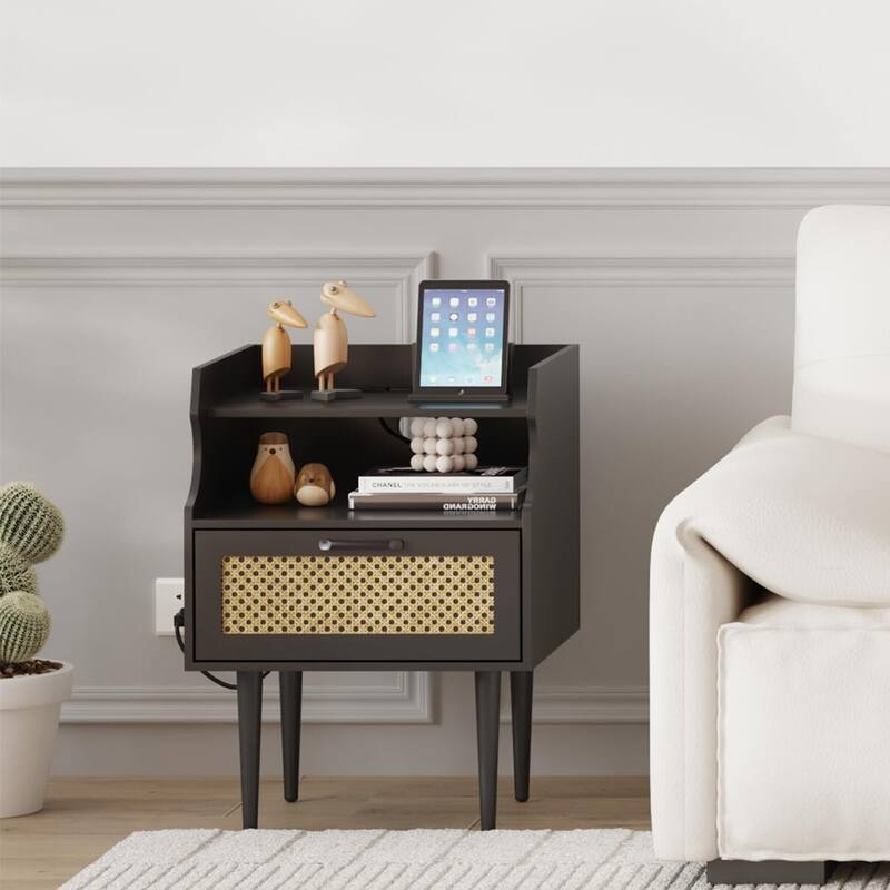 Rattan Nightstand Set of 2, Modern Side Table with Charging Station