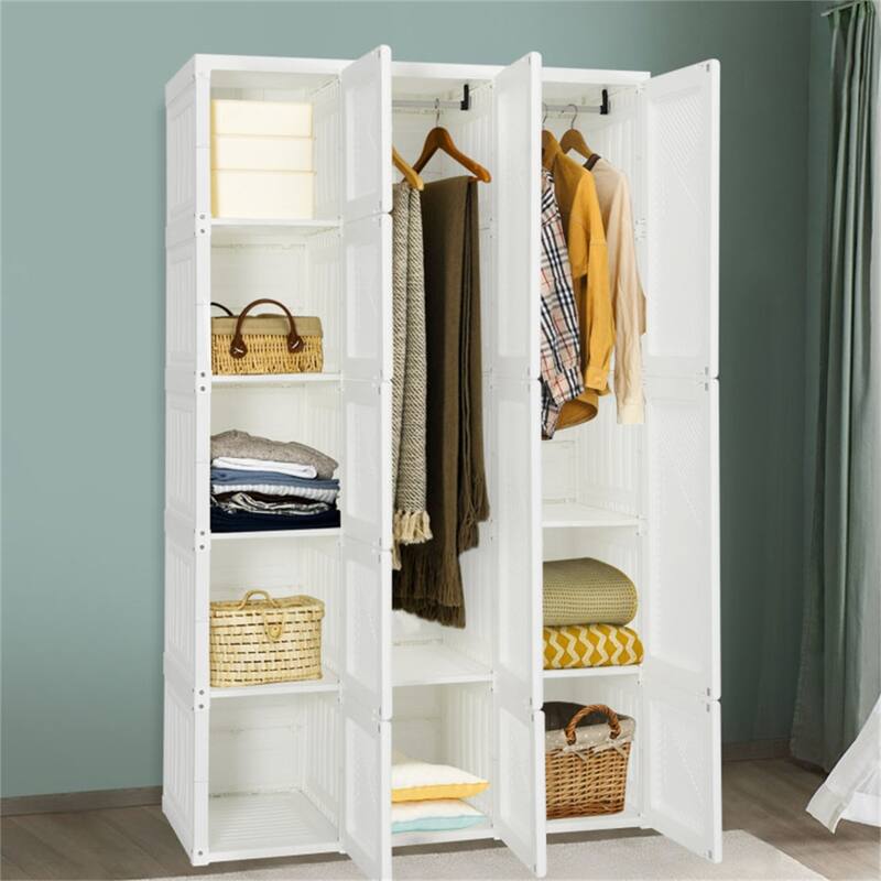White PP and ABS Foldable Portable Closet with 10 Cubbies, Rods and Magnet Doors - 40.9" x 19.7" x 66.9" (L x W x H)