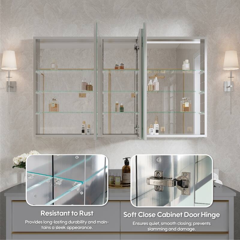 52"W X 30'H Bathroom Recessed or Surface Wall Mount Medicine Cabinet With Adjustable Glass Shelves