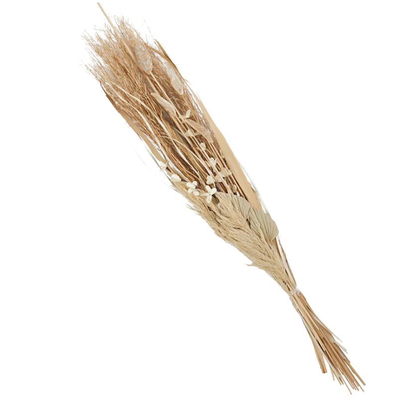 Beige Dried Plant Handmade Tall Floral Bouquet Branch Natural Foliage with Grass Stems and Palm Leaf Accents
