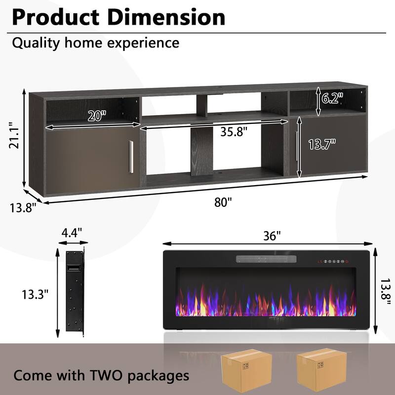 BOSSIN 80" Floating TV Stand with 36" Electric Fireplace, High Gloss Finish Wall Mounted Fireplace TV Stand with Storage