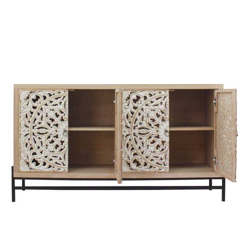 Rustic Carved Sideboard Buffet, Wood 4-Door Accent Cabinet, Storage Cabinet with Floral Hand-Carved Doors
