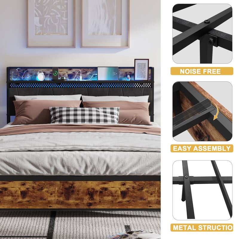Queen Size Metal Platform Bed Frame with LED RGB Headboard, 4 Rolling Storage Drawers, Built-In Charging Station