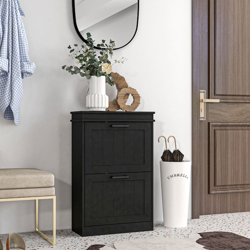 HOMCOM Shoe Cabinet for Entryway, Narrow Shoe Rack Storage Organizer with 2 Flip Drawers and Adjustable Shelves - Black