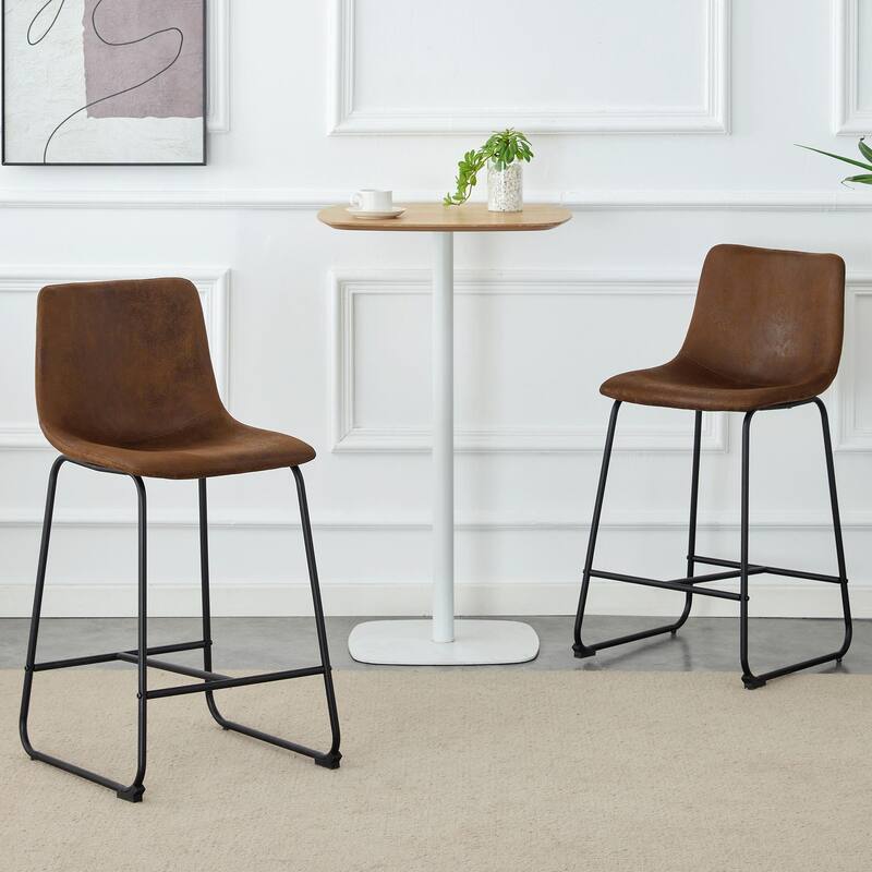 PU Leather Bar Stools Set of 2, Counter Height Bar Stools with Back and Footrest, Kitchens Island Chair with Metal Legs - Brown